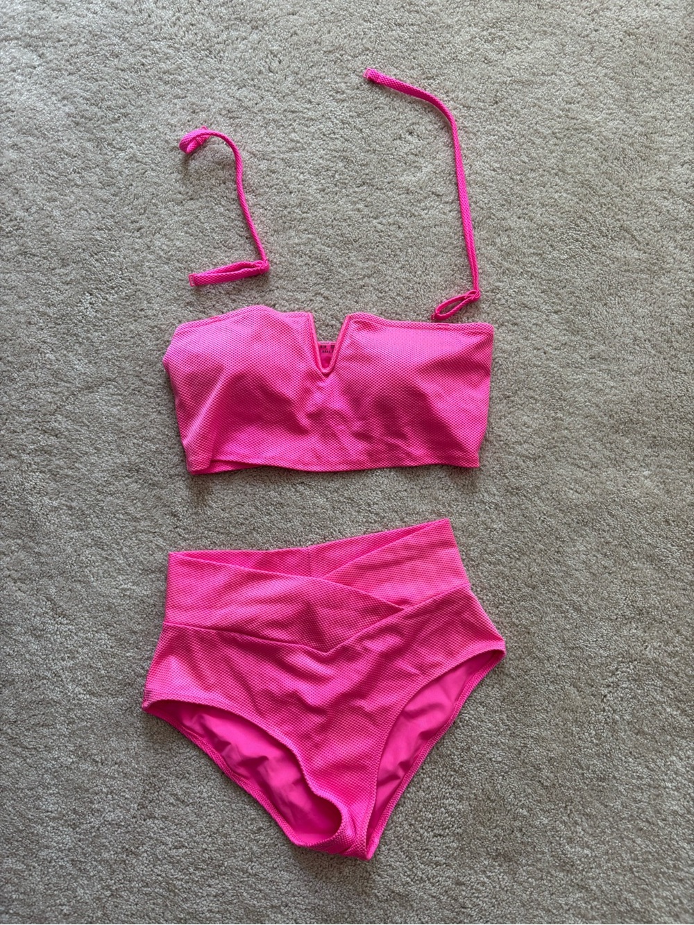 Aerie Bright Pink Textured High-Waist Bikini Set